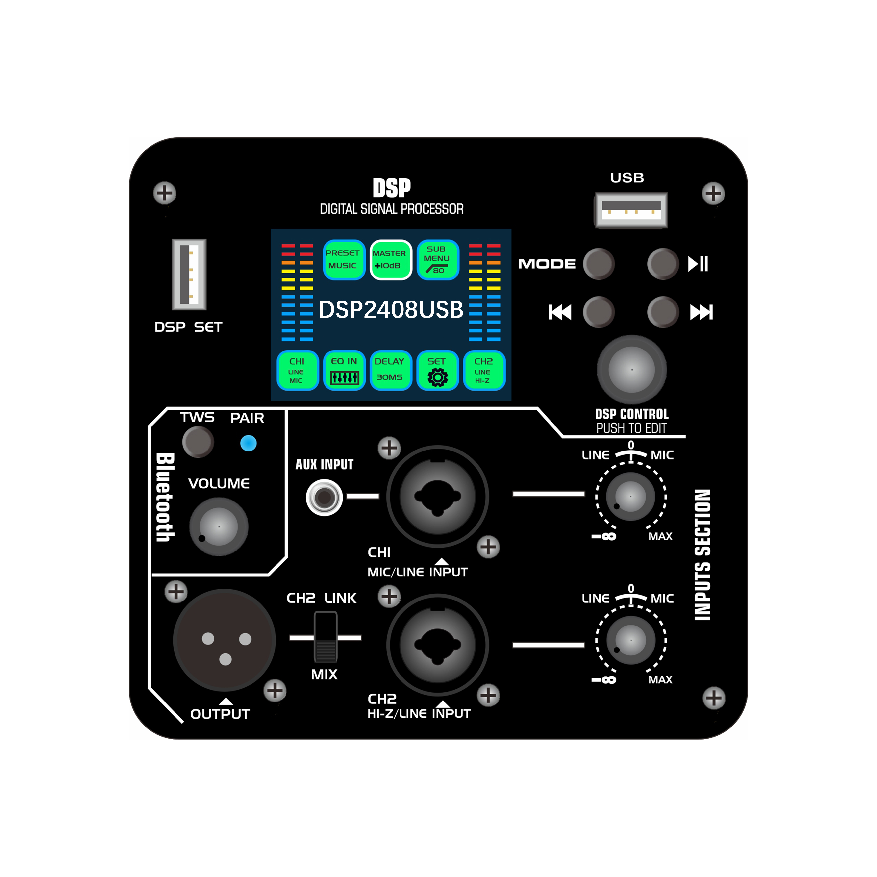 DSP2408USB Farveskærm DSP aktiv effektforstærker med USB flashdrev lydafspilningsfunktion